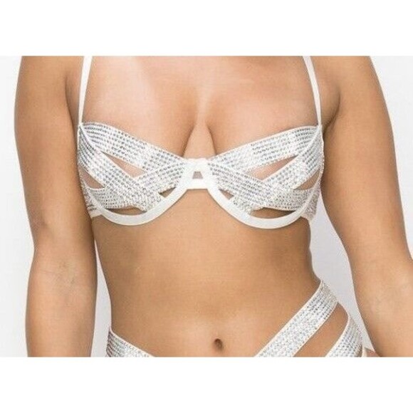 Banjul Rhinestone Embellished Swim Top White Zip Back  L - Picture 1 of 12